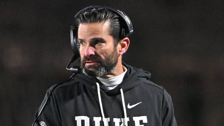 Nov 29, 2025; Durham, North Carolina, USA;  Duke Blue Devils head coach Manny Diaz looks on against the Wake Forest Demon Deacons during the fourth quarter at Wallace Wade Stadium. Mandatory Credit: Zachary Taft-Imagn Images