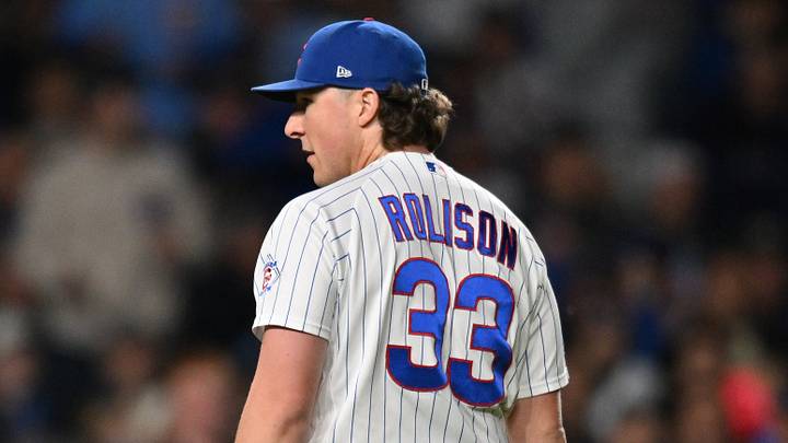 Sep 23, 2026; Chicago, Illinois, USA; Chicago Cubs pitcher Ryan Rolison (33) reacts against the Miami Marlins during the seventh inning at Wrigley Field. Mandatory Credit: Patrick Gorski-Imagn Images Sep 23, 2026; Chicago, Illinois, USA; Chicago Cubs pitcher Ryan Rolison (33) reacts against the Miami Marlins during the seventh inning at Wrigley Field. Mandatory Credit: Patrick Gorski-Imagn Images