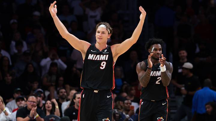 Miami Heat guard Pelle Larsson (9) reacts (Mandatory Credit: Sam Navarro-Imagn Images) Miami Heat guard Pelle Larsson (9) reacts (Mandatory Credit: Sam Navarro-Imagn Images)