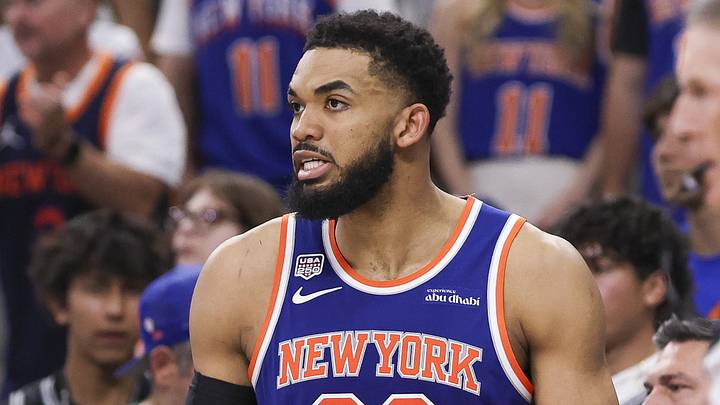 Jun 13, 2026; San Antonio, Texas, USA; New York Knicks center Karl-Anthony Towns (32) reacts to a call during the third quarter during game five of the 2026 NBA Finals at Frost Bank Center. Mandatory Credit: Geoff Burke-Imagn Images