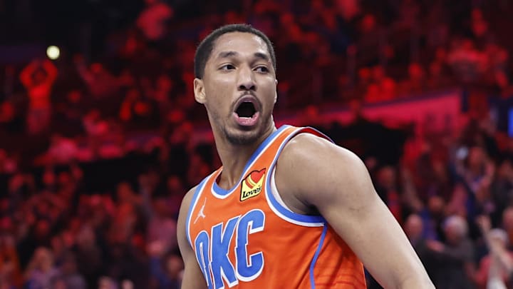 Feb 1, 2025; Oklahoma City, Oklahoma, USA; Oklahoma City Thunder guard Aaron Wiggins (21) reacts after scoring against the Sacramento Kings during the second half at Paycom Center. Mandatory Credit: Alonzo Adams-Imagn Images