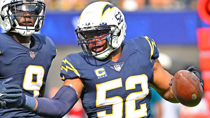 Oct 23, 2022; Inglewood, California, USA;  Los Angeles Chargers linebacker Khalil Mack (52) celebrates after a touchdown in the first half against the Seattle Seahawks at SoFi Stadium. Mandatory Credit: Jayne Kamin-Oncea-Imagn Images
