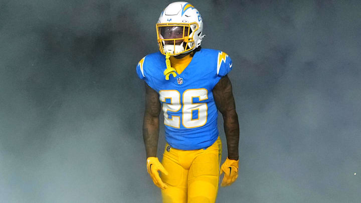 Dec 23, 2023; Inglewood, California, USA; Los Angeles Chargers cornerback Asante Samuel Jr. (26)  enters the field before the game against the Buffalo Bills at SoFi Stadium. Mandatory Credit: Kirby Lee-Imagn Images