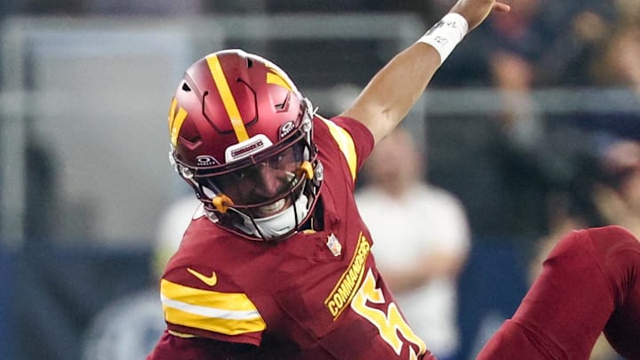 Washington Commanders quarterback Jayden Daniels fumbles the ball defended by Dallas Cowboys linebacker Shemar James. Washington Commanders quarterback Jayden Daniels fumbles the ball defended by Dallas Cowboys linebacker Shemar James.