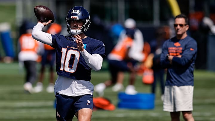 Jul 23, 2025; Englewood, CO, USA; Denver Broncos quarterback Bo Nix (10) during Denver Broncos Training Camp. 