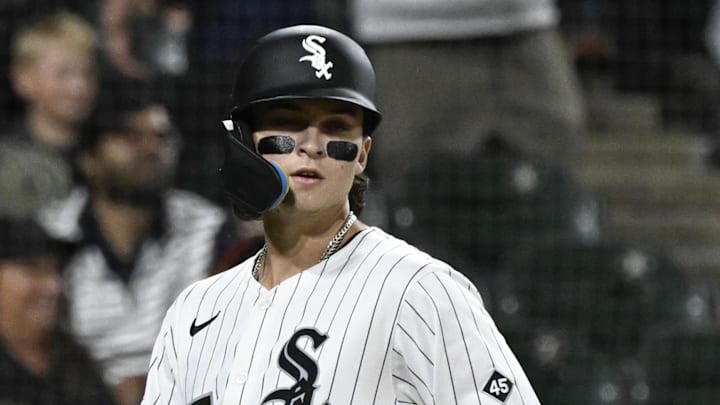 Sep 9, 2025; Chicago, Illinois, USA;  Chicago White Sox outfielder Brooks Baldwin (27) scores during the fifth inning against the Tampa Bay Rays at Rate Field. Mandatory Credit: Matt Marton-Imagn Images