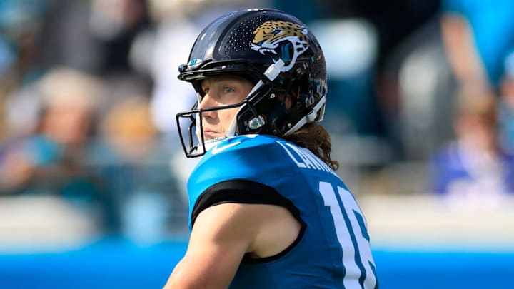 Jacksonville Jaguars quarterback Trevor Lawrence (16) looks to pass during the first quarter of an NFL football AFC Wild Card playoff matchup, Sunday, Jan. 11, 2026, in Jacksonville, Fla. The Bills defeated the Jaguars 27-24. [Corey Perrine/Florida Times-Union]