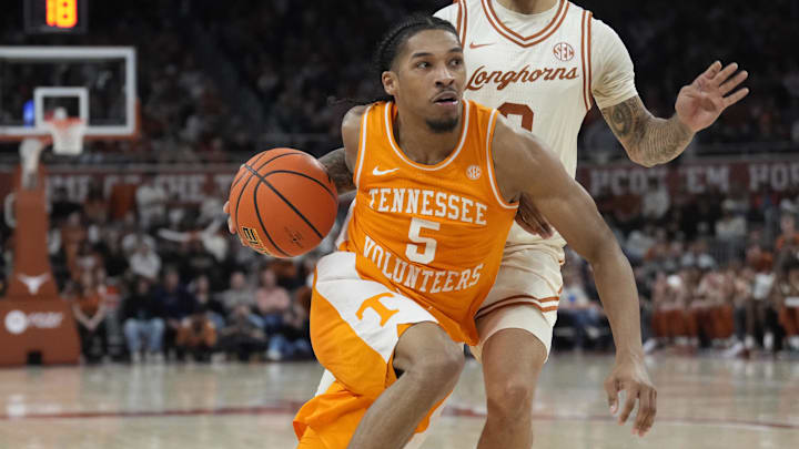 Jan 11, 2025; Austin, Texas, USA; Tennessee Volunteers guard Zakai Zeigler (5) drives to the basket during the second half against the Texas Longhorns at Moody Center. Mandatory Credit: Scott Wachter-Imagn Images
