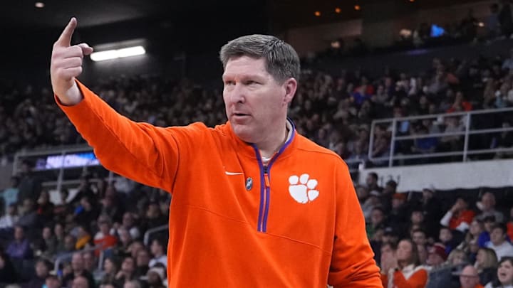 Mar 20, 2025; Providence, RI, USA; Clemson Tigers head coach Brad Brownell reacts during the second half against the McNeese State Cowboys at Amica Mutual Pavilion.