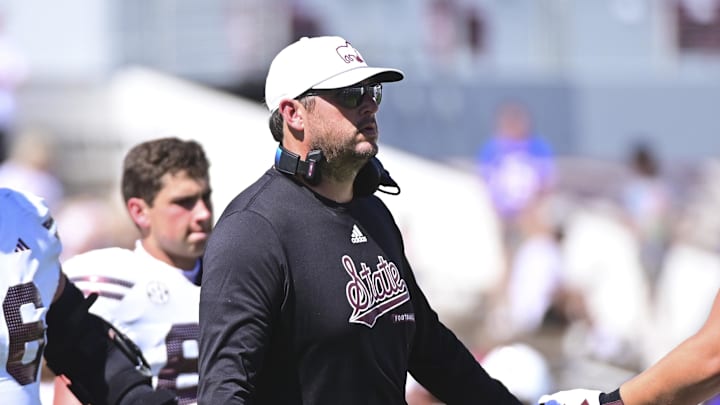 Mississippi State Bulldogs coach Jeff Lebby looks onto the field during the fourth quarter against the Florida Gators at Davis Wade Stadium at Scott Field. 