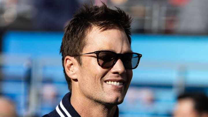 Feb 8, 2026; Santa Clara, CA, USA; Former Super Bowl MVP Tom Brady in attendance before Super Bowl LX between the Seattle Seahawks and the New England Patriots at Levi's Stadium. Mandatory Credit: Mark J. Rebilas-Imagn Images