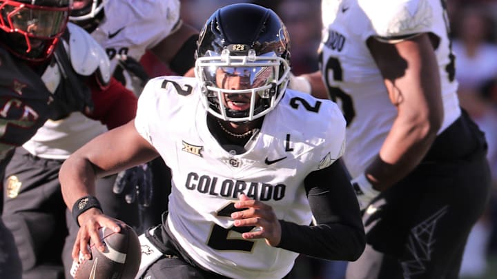 Colorado's Shedeur Sanders scrambles against Texas Tech in a Big 12 football game Saturday, Nov. 9, 2024, at Jones AT&T Stadium. Colorado's Shedeur Sanders scrambles against Texas Tech in a Big 12 football game Saturday, Nov. 9, 2024, at Jones AT&T Stadium.