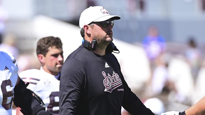 Mississippi State Bulldogs head coach Jeff Lebby looks onto the field during the fourth quarter against the Florida Gators at Davis Wade Stadium at Scott Field. Mississippi State Bulldogs head coach Jeff Lebby looks onto the field during the fourth quarter against the Florida Gators at Davis Wade Stadium at Scott Field.