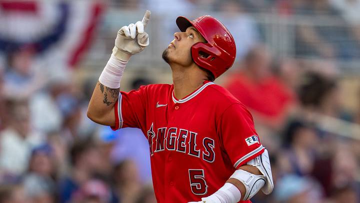 Jul 10, 2026; Minneapolis, Minnesota, USA; Los Angeles Angels third baseman Vaughn Grissom (5) celebrates hitting a solo home run against the Minnesota Twins in the fourth inning at Target Field. Mandatory Credit: Jesse Johnson-Imagn Images Jul 10, 2026; Minneapolis, Minnesota, USA; Los Angeles Angels third baseman Vaughn Grissom (5) celebrates hitting a solo home run against the Minnesota Twins in the fourth inning at Target Field. Mandatory Credit: Jesse Johnson-Imagn Images