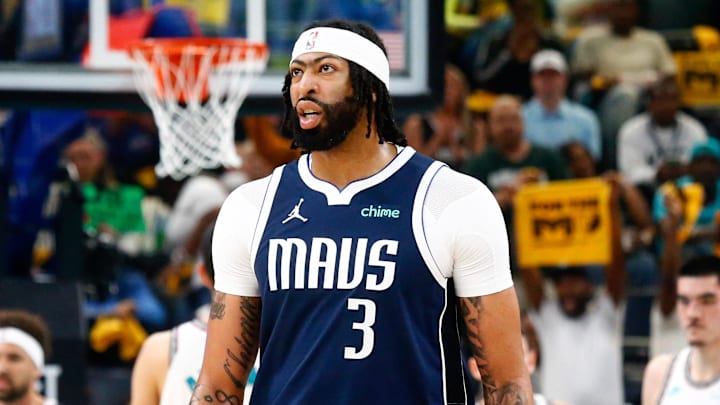 Apr 18, 2025; Memphis, Tennessee, USA; Dallas Mavericks forward Anthony Davis (3) walks toward the bench during a time out during the first quarter against the Memphis Grizzlies at FedExForum. Mandatory Credit: Petre Thomas-Imagn Images