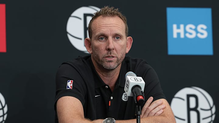 Sep 26, 2022; Brooklyn, NY, USA; Brooklyn Nets general manager Sean Marks talks to the media during media day at HSS Training Center. Mandatory Credit: Vincent Carchietta-Imagn Images