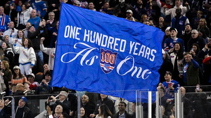 Nov 16, 2025; New York, New York, USA; General view of a flag being waved by New York Rangers staff during the second period against the Detroit Red Wings at Madison Square Garden. Nov 16, 2025; New York, New York, USA; General view of a flag being waved by New York Rangers staff during the second period against the Detroit Red Wings at Madison Square Garden.