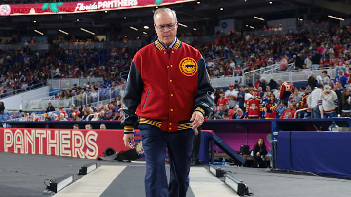 Jan 2, 2026; Miami, Florida, USA; Florida Panthers head coach Paul Maurice walks to the ice prior to the second period in the 2026 Winter Classic ice hockey game against the New York Rangers at loanDepot Park. Mandatory Credit: Sam Navarro-Imagn Images