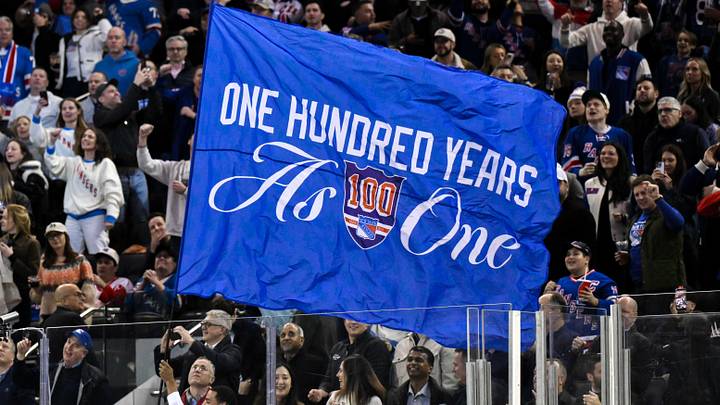 Nov 16, 2025; New York, New York, USA; General view of a flag being waved by New York Rangers staff during the second period against the Detroit Red Wings at Madison Square Garden. 