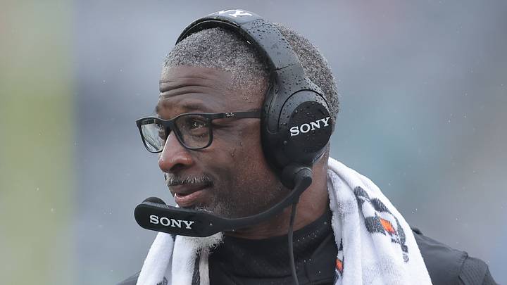 Oct 11, 2026; East Rutherford, New Jersey, USA;  New York Jets head coach Aaron Glenn looks on during the fourth quarter against the Cleveland Browns at MetLife Stadium.  Mandatory Credit: Brad Penner-Imagn Images