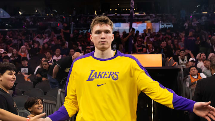 Oct 28, 2024; Phoenix, Arizona, USA; Los Angeles Lakers guard Dalton Knecht (4) against the Phoenix Suns at Footprint Center. Mandatory Credit: Mark J. Rebilas-Imagn Images Oct 28, 2024; Phoenix, Arizona, USA; Los Angeles Lakers guard Dalton Knecht (4) against the Phoenix Suns at Footprint Center. Mandatory Credit: Mark J. Rebilas-Imagn Images