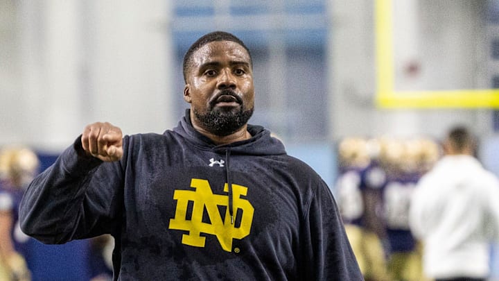 Notre Dame defensive line coach Al Washington during Notre Dame Spring Practice on Wednesday, March 22, 2023, at Irish Athletics Center in South Bend, Indiana.