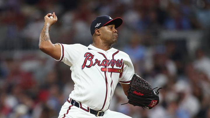 Oct 7, 2026; Cumberland, Georgia, USA; Atlanta Braves pitcher Raisel Iglesias (26) pitches against the Los Angeles Dodgers during the ninth inning in game four of the NLDS for the 2026 MLB Playoffs at Truist Park. Mandatory Credit: Brett Davis-Imagn Images Oct 7, 2026; Cumberland, Georgia, USA; Atlanta Braves pitcher Raisel Iglesias (26) pitches against the Los Angeles Dodgers during the ninth inning in game four of the NLDS for the 2026 MLB Playoffs at Truist Park. Mandatory Credit: Brett Davis-Imagn Images