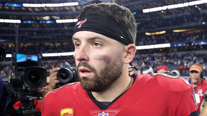 Dec 22, 2024; Arlington, Texas, USA;  Tampa Bay Buccaneers quarterback Baker Mayfield (6) walks off the field after the game against the Dallas Cowboys at AT&T Stadium. Mandatory Credit: Tim Heitman-Imagn Images