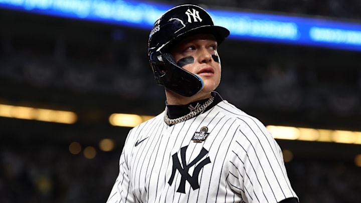 Oct 29, 2024; Bronx, New York, USA; New York Yankees outfielder Alex Verdugo (24) reacts after hitting a sacrifice RBI against the Los Angeles Dodgers in the second inning during game four of the 2024 MLB World Series at Yankee Stadium Oct 29, 2024; Bronx, New York, USA; New York Yankees outfielder Alex Verdugo (24) reacts after hitting a sacrifice RBI against the Los Angeles Dodgers in the second inning during game four of the 2024 MLB World Series at Yankee Stadium