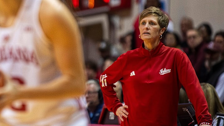 Indiana coach Teri Moren against Bellarmine at Simon Skjodt Assembly Hall. Indiana coach Teri Moren against Bellarmine at Simon Skjodt Assembly Hall.