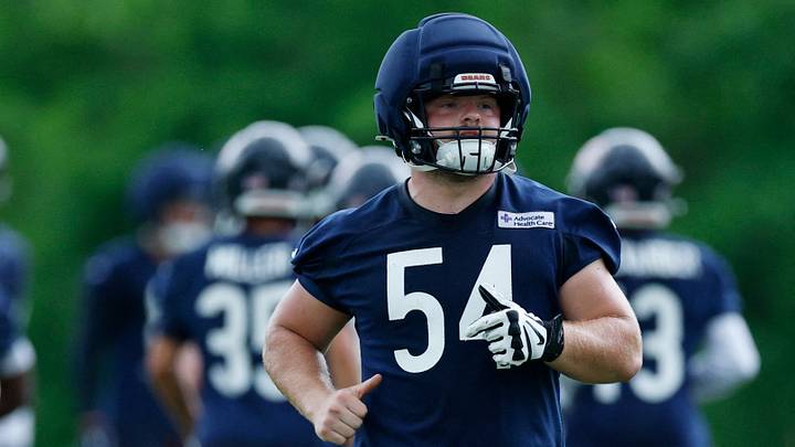 Jun 11, 2026; Lake Forest, IL, USA; Chicago Bears offensive lineman Logan Jones (54) runs on the field during Minicamp at Halas Hall. Mandatory Credit: Kamil Krzaczynski-Imagn Images Jun 11, 2026; Lake Forest, IL, USA; Chicago Bears offensive lineman Logan Jones (54) runs on the field during Minicamp at Halas Hall. Mandatory Credit: Kamil Krzaczynski-Imagn Images