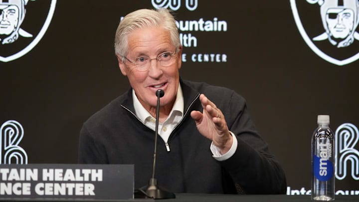 Jan 27, 2025; Las Vegas, NV, USA; Las Vegas Raiders coach Pete Carroll at press conference at Intermountain Health Performance Center. Mandatory Credit: Kirby Lee-Imagn Images