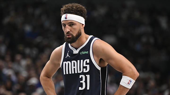 Oct 24, 2024; Dallas, Texas, USA; Dallas Mavericks guard Klay Thompson (31) looks on during the second half against the San Antonio Spurs at the American Airlines Center. Mandatory Credit: Jerome Miron-Imagn Images