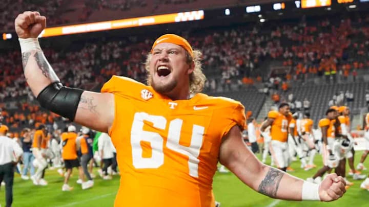 Tennessee Volunteers offensive lineman Ayden Bussell (64) reacts after a game against the Florida Gators at Neyland Stadium in Knoxville, Tenn.