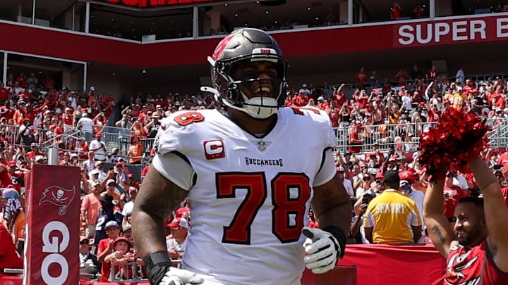 Sep 22, 2024; Tampa, Florida, USA; Tampa Bay Buccaneers quarterback Baker Mayfield (6) and offensive tackle Tristan Wirfs (78) take the field for a game against the Denver Broncos at Raymond James Stadium. Mandatory Credit: Nathan Ray Seebeck-Imagn Images Sep 22, 2024; Tampa, Florida, USA; Tampa Bay Buccaneers quarterback Baker Mayfield (6) and offensive tackle Tristan Wirfs (78) take the field for a game against the Denver Broncos at Raymond James Stadium. Mandatory Credit: Nathan Ray Seebeck-Imagn Images