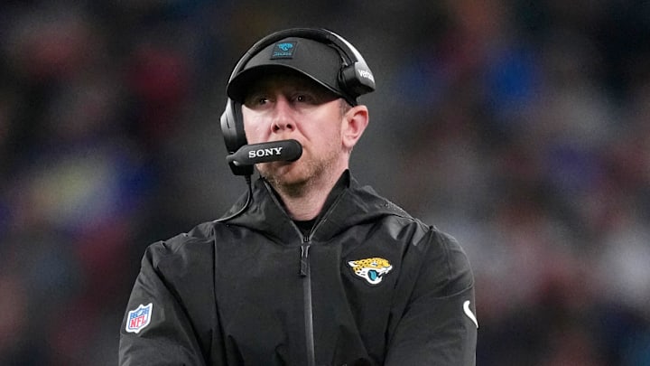 Oct 19, 2025; London, United Kingdom; Jacksonville Jaguars head coach Liam Coen looks on during the second half of an NFL International Series game at Wembley Stadium. Mandatory Credit: Kirby Lee-Imagn Images