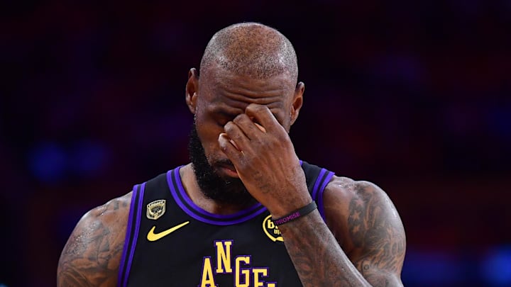 May 11, 2026; Los Angeles, California, USA; Los Angeles Lakers forward LeBron James (23) during the first half in game four of the second round of the 2026 NBA Playoffs at Crypto.com Arena. Mandatory Credit: Gary A. Vasquez-Imagn Images