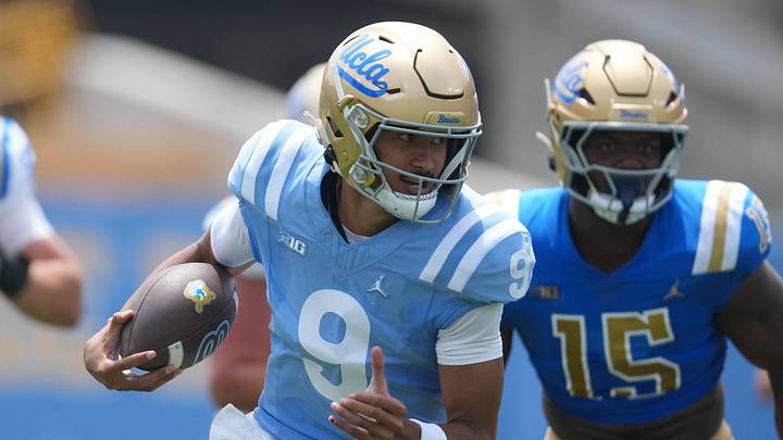 May 2, 2026; Pasadena, CA, USA; UCLA Bruins quarterback Nico Iamaleava (9) carries the ball during the spring game at Rose Bowl. Mandatory Credit: Kirby Lee-Imagn Images May 2, 2026; Pasadena, CA, USA; UCLA Bruins quarterback Nico Iamaleava (9) carries the ball during the spring game at Rose Bowl. Mandatory Credit: Kirby Lee-Imagn Images