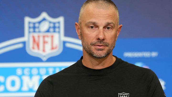 Feb 24, 2026; Indianapolis, IN, USA; Las Vegas Raiders general manager John Spytek speaks at the NFL Scouting Combine at the Indiana Convention Center. Mandatory Credit: Kirby Lee-Imagn Images