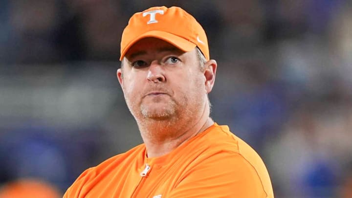 Tennessee coach Josh Heupel during warm-ups for a NCAA football game against Kentucky at Kroger Field in Lexington, Kentucky on Oct. 25, 2025.