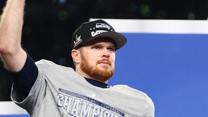 Seattle Seahawks quarterback Sam Darnold celebrates