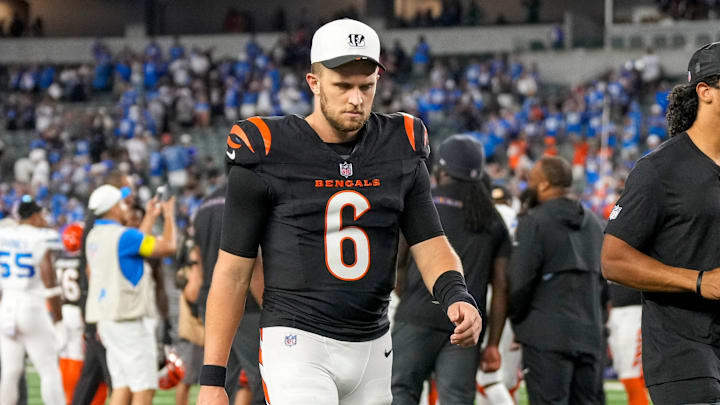 Cincinnati Bengals quarterback Jake Browning (6) walks for the locker room shaking his head after the fourth quarter of the NFL Week 5 game between the Cincinnati Bengals and the Detroit Lions at Paycor Stadium in downtown Cincinnati on Sunday, Oct. 5, 2025. The Bengals continued a losing streak, falling 37-24 to the Lions. Cincinnati Bengals quarterback Jake Browning (6) walks for the locker room shaking his head after the fourth quarter of the NFL Week 5 game between the Cincinnati Bengals and the Detroit Lions at Paycor Stadium in downtown Cincinnati on Sunday, Oct. 5, 2025. The Bengals continued a losing streak, falling 37-24 to the Lions.