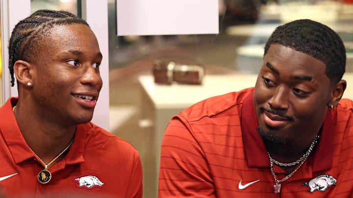 Arkansas Razorbacks quarterback KJ Jackson and defensive end Quincy Rhodes Jr announce that they will remain at Arkansas during the introductory press conference for head coach Ryan Silverfield  at Frank Broyles Center.