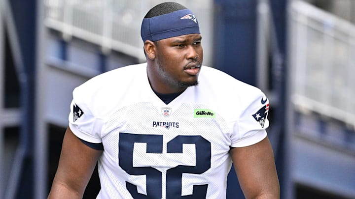 Jun 9, 2025; Foxborough, MA, USA; New England Patriots offensive tackle Marcus Bryant (52) walks to the practice fields at Gillette Stadium. Mandatory Credit: Eric Canha-Imagn Images