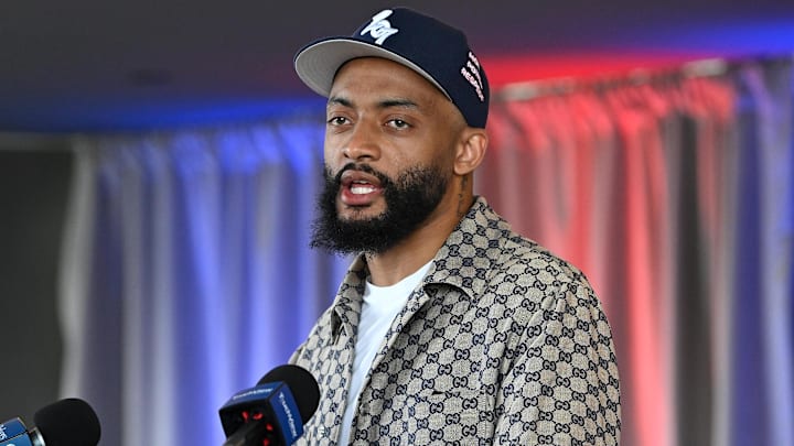 Mar 13, 2025; Foxborough, MA, USA; New England Patriots cornerback Carlton Davis III discusses his recent free agent addition to the Patriots with the media at Gillette Stadium. Mandatory Credit: Eric Canha-Imagn Images