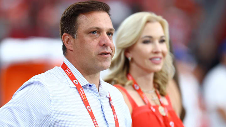 Aug 9, 2025; Glendale, Arizona, USA; Kansas City Chiefs general manager Brett Veach against the Arizona Cardinals during a preseason NFL game at State Farm Stadium.