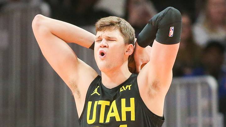 Feb 27, 2024; Atlanta, Georgia, USA; Utah Jazz center Walker Kessler (24) reacts to a foul call against the Atlanta Hawks in the second half at State Farm Arena. Mandatory Credit: Brett Davis-USA TODAY Sports Feb 27, 2024; Atlanta, Georgia, USA; Utah Jazz center Walker Kessler (24) reacts to a foul call against the Atlanta Hawks in the second half at State Farm Arena. Mandatory Credit: Brett Davis-USA TODAY Sports