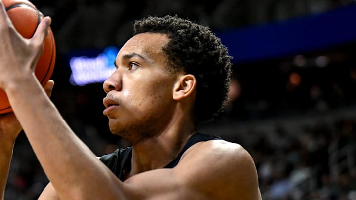 Michigan State's Divine Ugochukwu makes a 3-pointer against USC during the second half on Monday, Jan. 5, 2026, at the Breslin Center in East Lansing.