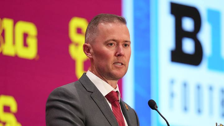 Jul 24, 2025; Las Vegas, NV, USA; USC head coach Lincoln Riley speaks to the media during the Big Ten NCAA college football media days at Mandalay Bay Resort. Mandatory Credit: Lucas Peltier-Imagn Images