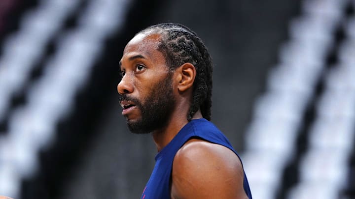 May 3, 2025; Denver, Colorado, USA; LA Clippers forward Kawhi Leonard (2) warms up before the game against the Denver Nuggets during game seven of first round for the 2025 NBA Playoffs at Ball Arena. Mandatory Credit: Ron Chenoy-Imagn Images